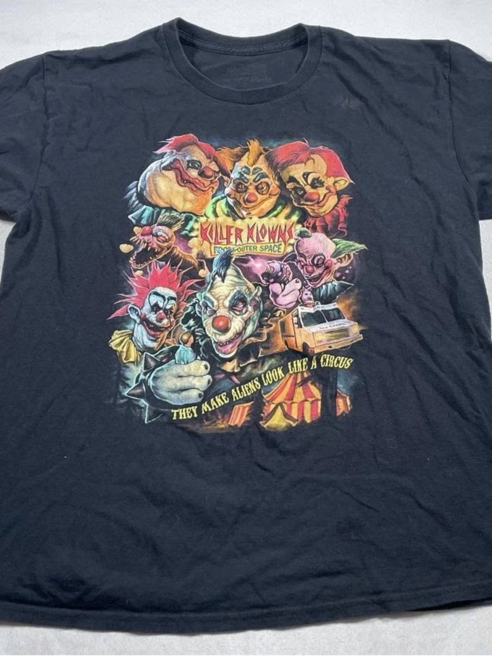 Black Tee with Colorful Killer Klowns Graphic